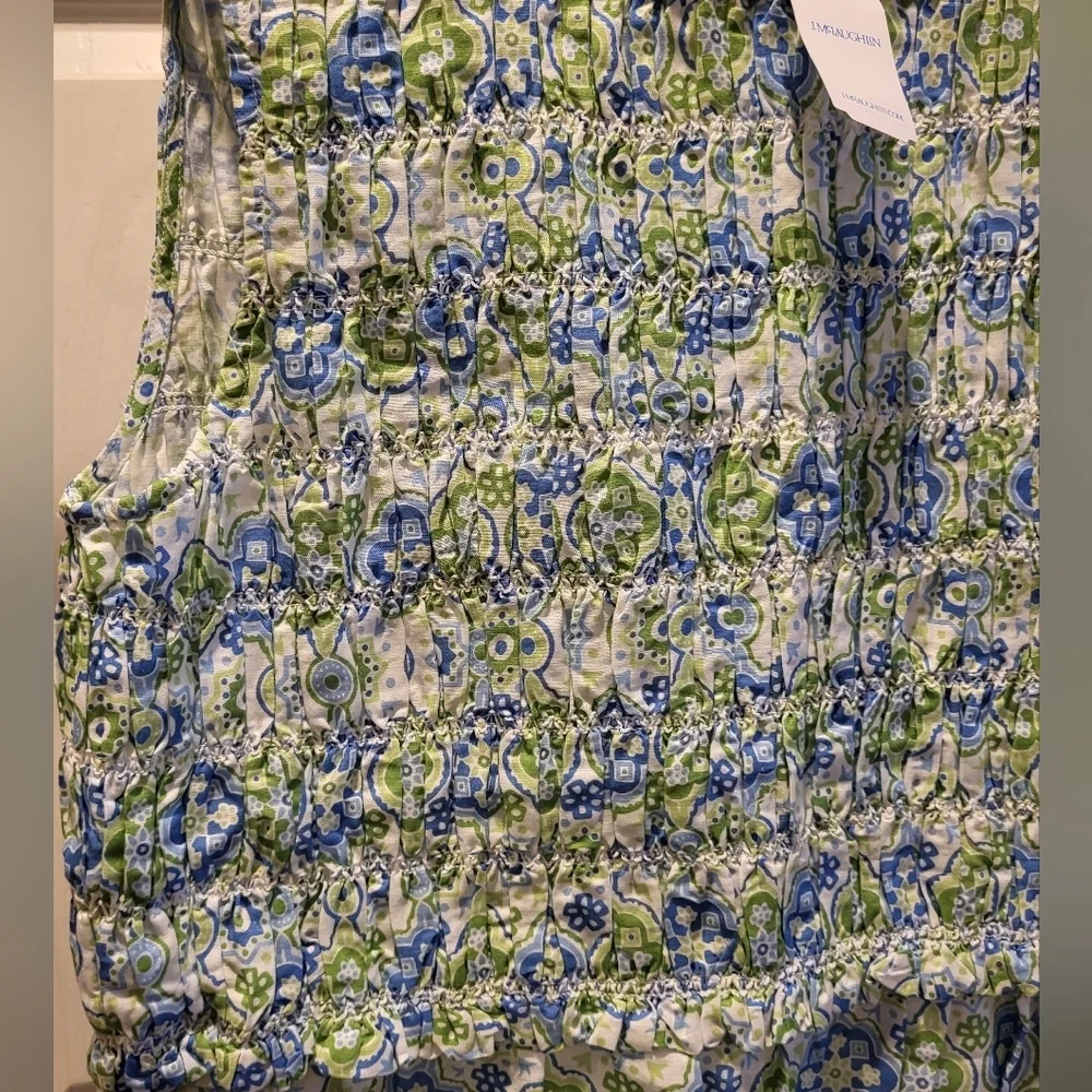 J. McLaughlin Ciri Smocked Maxi Dress Linen Cotton Seaside Tile Blue Green Sz XL - Picture 4 of 8